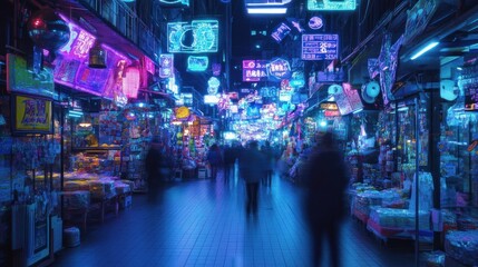 Wall Mural - A vibrant night market filled with colorful neon signs and bustling activity.