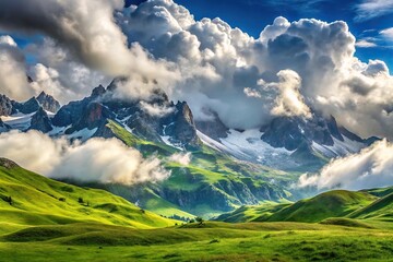 Wall Mural - panoramic view of cloudy mountains and lush meadows