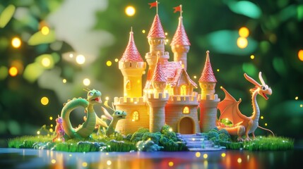 Canvas Print - A whimsical castle surrounded by friendly creatures and magical lights.