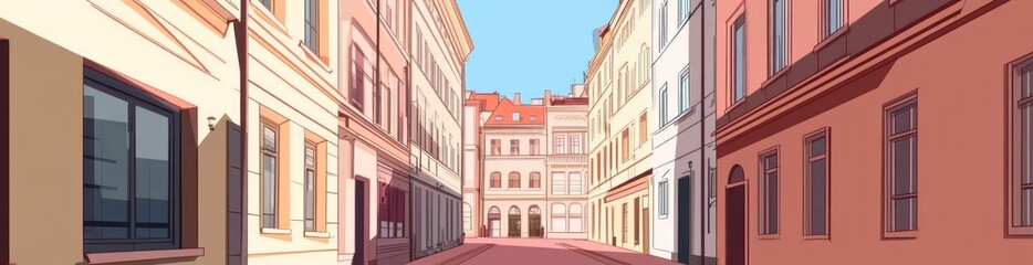 Poster - A serene street scene with colorful buildings and a clear blue sky.