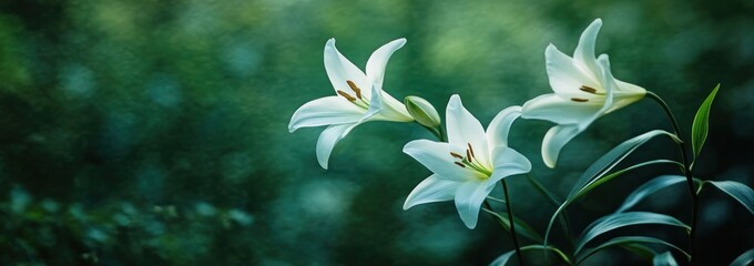 Poster - Three elegant white lilies bloom against a soft green background, symbolizing purity and beauty.