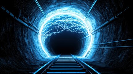 Futuristic tunnel with glowing blue electricity effects, leading to darkness, emphasizing technology and transportation.