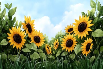 Wall Mural - Watercolor illustration of a sunflower field, where the soft yellows and greens blend together to create a bright, joyful scene of sunflowers stretching toward the sky