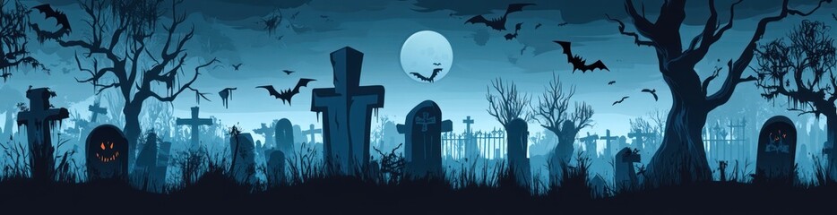 Canvas Print - A spooky graveyard scene with tombstones, bats, and a full moon, perfect for Halloween.