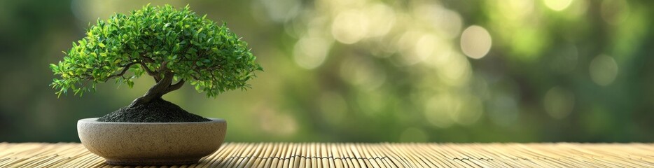 Poster - A small bonsai tree in a pot on a bamboo mat, set against a blurred green background.