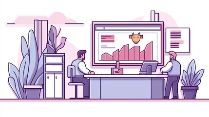 Poster - Modern office workspace with two professionals analyzing charts and graphs on a screen, surrounded by plants.