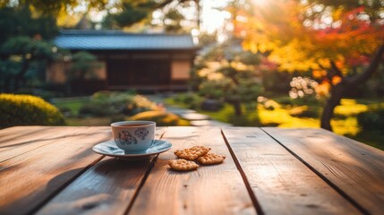 Sticker - A serene outdoor setting with tea and cookies, surrounded by a tranquil garden.