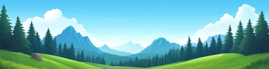 Poster - A serene landscape featuring mountains, forests, and a clear blue sky.