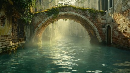 Stone Arch Bridge Over Misty Canal in Venice