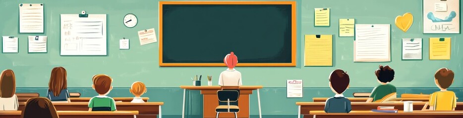 Wall Mural - A classroom scene with a teacher at the blackboard and students seated.