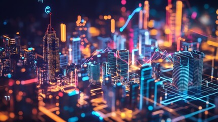 Poster - Neon Cityscape with Illuminated Buildings and Graph Lines