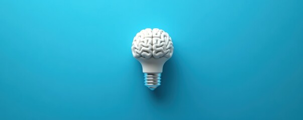 Poster - Innovative light bulb shaped like a human brain on a vibrant blue background symbolizing creativity and intelligence