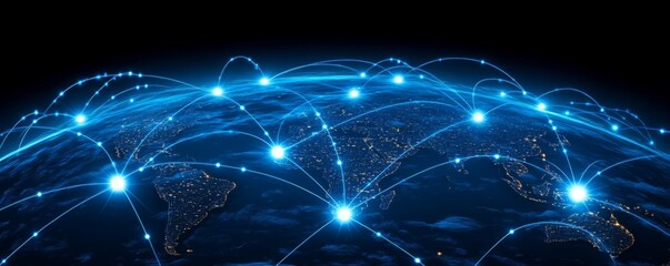 Poster - A Global Network of Interconnected Blue Lines and Glowing Dots on Earth