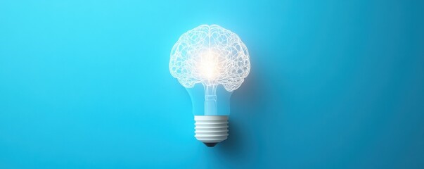 Poster - Innovative light bulb shaped like an anatomical brain on a blue background symbolizing creativity and ideas