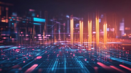Poster - futuristic cityscape with neon lights and data visuals