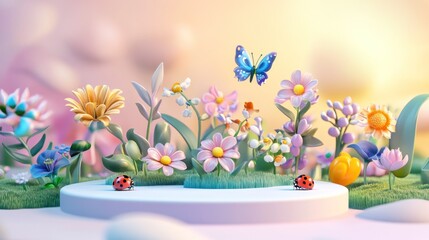 Wall Mural - A vibrant, whimsical garden scene with flowers, butterflies, and ladybugs.