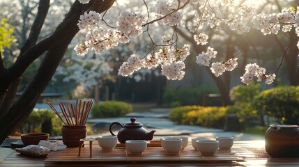 Poster - A serene tea setting under blooming cherry blossoms, inviting relaxation and mindfulness.