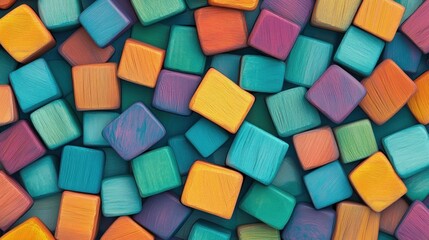 Canvas Print - A colorful assortment of square wooden blocks arranged randomly.