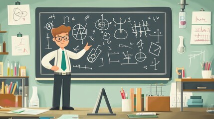 Sticker - A cartoon teacher stands by a chalkboard filled with scientific symbols and equations.