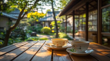 Sticker - A serene tea setting in a tranquil garden, inviting relaxation and mindfulness.