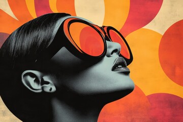 Woman with butterfly-shaped sunglasses in bold artistic portrait with vibrant colors and surreal elements