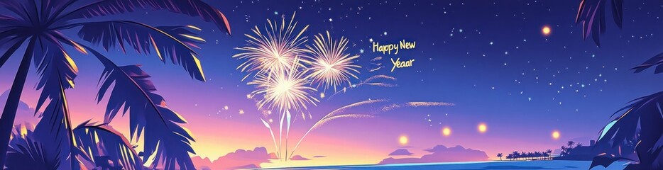 Sticker - A vibrant beach scene featuring fireworks celebrating the New Year against a twilight sky.