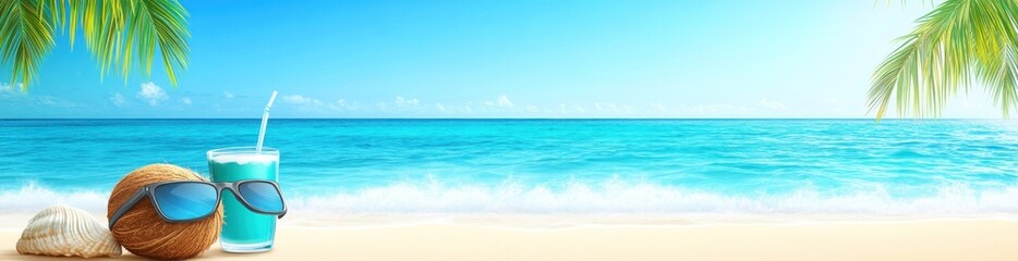 Poster - A tropical beach scene with sunglasses, a coconut, and a refreshing drink.