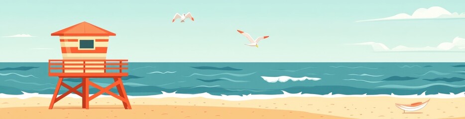 Poster - A serene beach scene featuring a lifeguard tower and gentle waves under a clear sky.