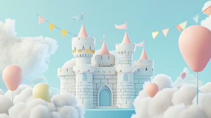 Poster - A whimsical castle surrounded by clouds and balloons, evoking a playful and festive atmosphere.