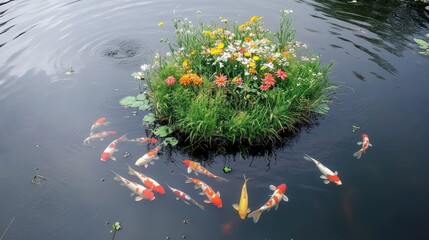 Canvas Print - A serene pond scene featuring colorful koi fish swimming around a flower-covered island.