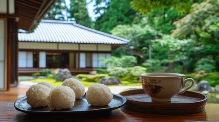 Sticker - A serene view featuring rice balls and tea in a tranquil garden setting.