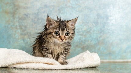 Poster - Adorable Wet Kitten on Towel with Blue Background