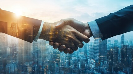 Business people handshake on city office building background in double exposure image showing success of partnership business deal. Concept of work agreement, trust partner, and corporate teamwork.