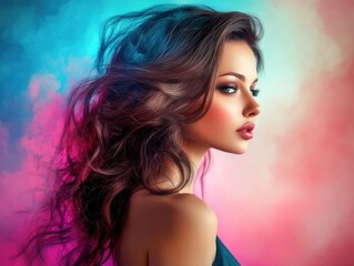 A beautiful woman with long flowing hair in a profile view against a colorful background.