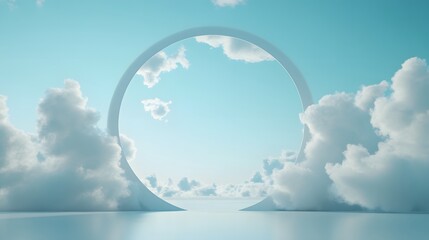 1. a serene 3d render featuring a soft blue background with fluffy white clouds gently floating in f