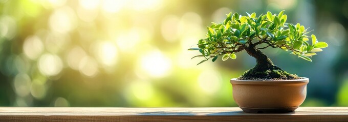 Poster - A serene bonsai tree in a pot, illuminated by soft sunlight, symbolizing tranquility and nature.