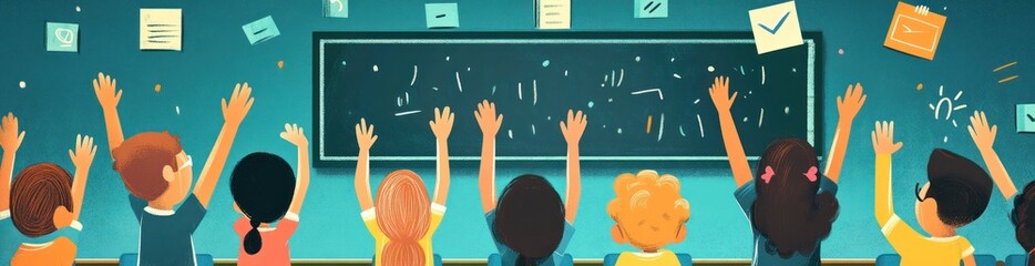 Poster - Children in a classroom raising hands, eager to participate in learning.