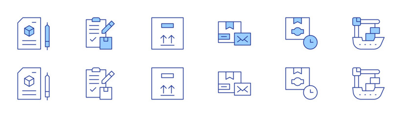 Logistics icon set in two styles, Duotone and Thin Line style. Editable stroke. requirement, clipboard, box, delivery box, time, ferry