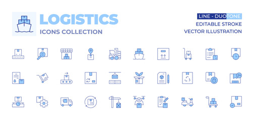 Logistics icons collection. Line Duotone style, editable stroke. requirement, clipboard, logistics, box, drone, green logistics, recycled, conveyor, stack, cargo, cargo crane, trolley