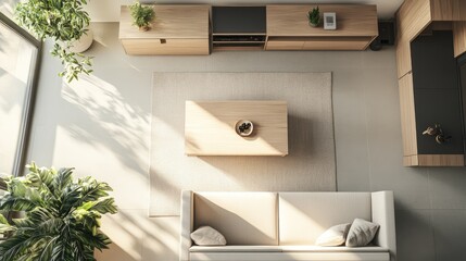 Sticker - Top view of a modern living room with an empty sofa and drawer space, offering a minimalist and clean design aesthetic