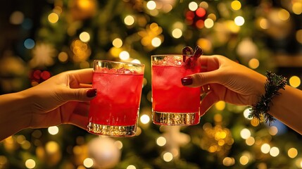 two hands raise glasses of red cocktails, toasting in front of a beautifully lit christmas tree, cap