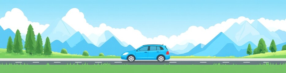 Poster - A blue car driving along a road with mountains and trees in the background.