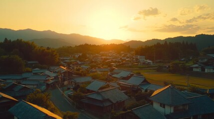 Sticker - A serene sunset over a quaint village nestled in the mountains.