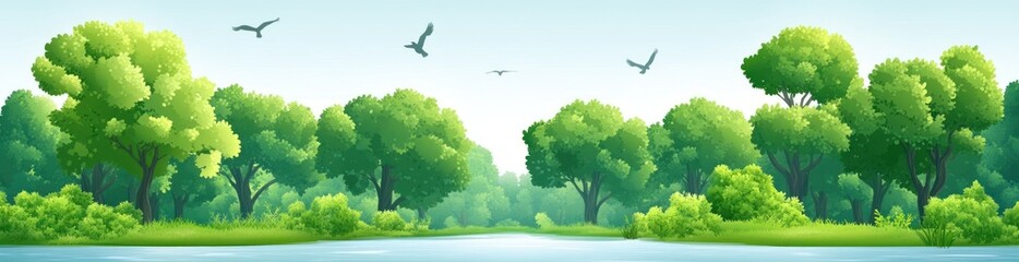 Wall Mural - A serene landscape featuring lush trees and a calm river with birds flying overhead.