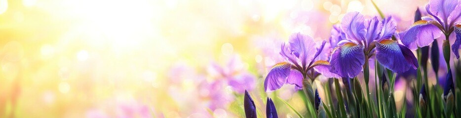 Canvas Print - A vibrant field of purple irises illuminated by soft sunlight.