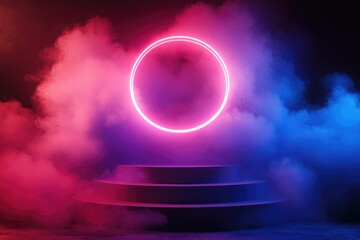 Wall Mural - A stage with a glowing neon circle at its center, suitable for concerts or events