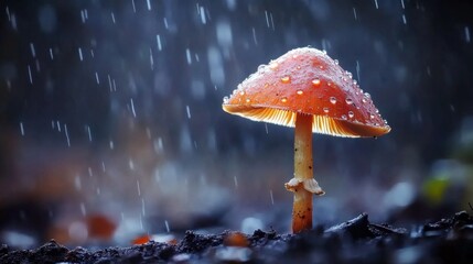 Poster - Vibrant Red Mushroom in the Rain with Water Droplets