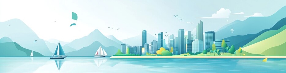 Poster - A serene landscape featuring mountains, a city skyline, and sailboats on calm water.