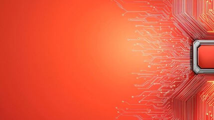 A vibrant orange background with a circuit-like pattern merging into a rectangular element, symbolizing technology and digital innovation.