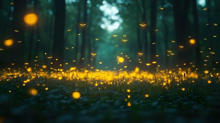 Luminescent Fireflies Swarm in Dark Forest